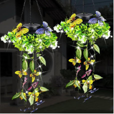 Solar Lights for Outdoor Hanging, 2 Pieces Artificial Butterfly Leaf Garden Solar Light Outdoor, IP65 Waterproof Solar Lights for Outdoor Garden for Porch Outdoor Wedding Decorations