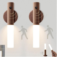 VOMI Battery Wall Light Motion Sensor Indoor Wood Pack of 2 LED Wireless Wall Lamp Warm White Night Light Battery USB Charging Lamp without Power Connection Wall for Stairs Hallway Kitchen Stairs