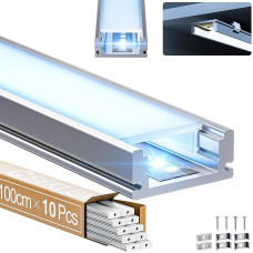 LED Aluminium Profile 10 x 1 m - U-Shape Aluminium Profile with White Cover, End Caps & Mounting Clips - Aluminium Strip for Light Strips up to 12 mm - LED Profile Rail Channels Strip Diffuser