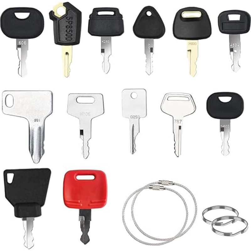 17 vnt. atsarginių užvedimo raktų, užvedimo raktų rinkinys, statybinių mašinų raktų rinkinys, ekskavatoriaus raktų rinkinys, ekskavatoriaus raktas, skirtas JCB, Komatsu, Yanmar, Kobelco, Volvo, Bobcat, Takeuchi, Liebherr, Hitachi, John