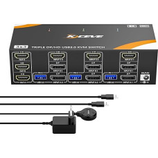 YOUTINGHDAV KVM Switch 3 PC 3 Monitors 8K @ 60Hz / 4K @ 144Hz, Displayport 1.4 HDMI 2.1 USB 3.0 KVM Switch Triple Monitor for 3 PC Parts Mouse, Keyboard with Wired Remote and 12 V Power Adapter