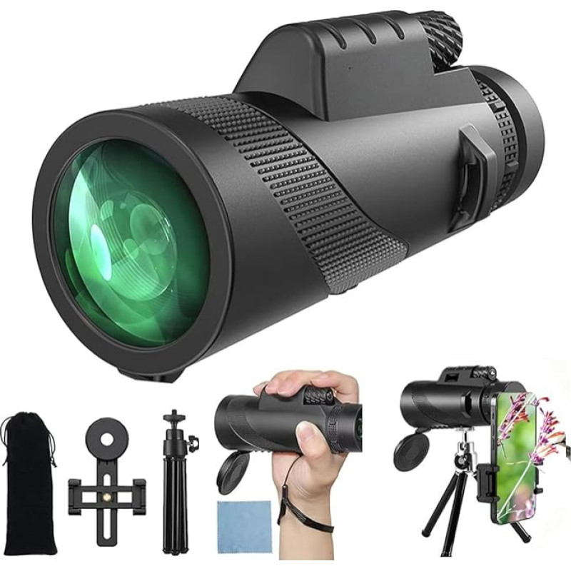 Bailonda 12 x 50 priartinimo monokulinis teleskopas suaugusiesiems su išmaniojo telefono laikikliu, trikoju, tvirta gumine apsauga, skirtas laukinei gamtai, paukščių stebėjimui, žygiams, medžioklei, stovyklavimui, idealiai tinka gamtos stebėtojams