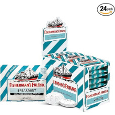 Fisherman's Friend Spearmint, 24 dėžutės, mėtų ir mentolio skonio, be cukraus ir veganiškas, saldainiai gaiviam burnos kvapui, 24 x 25 g