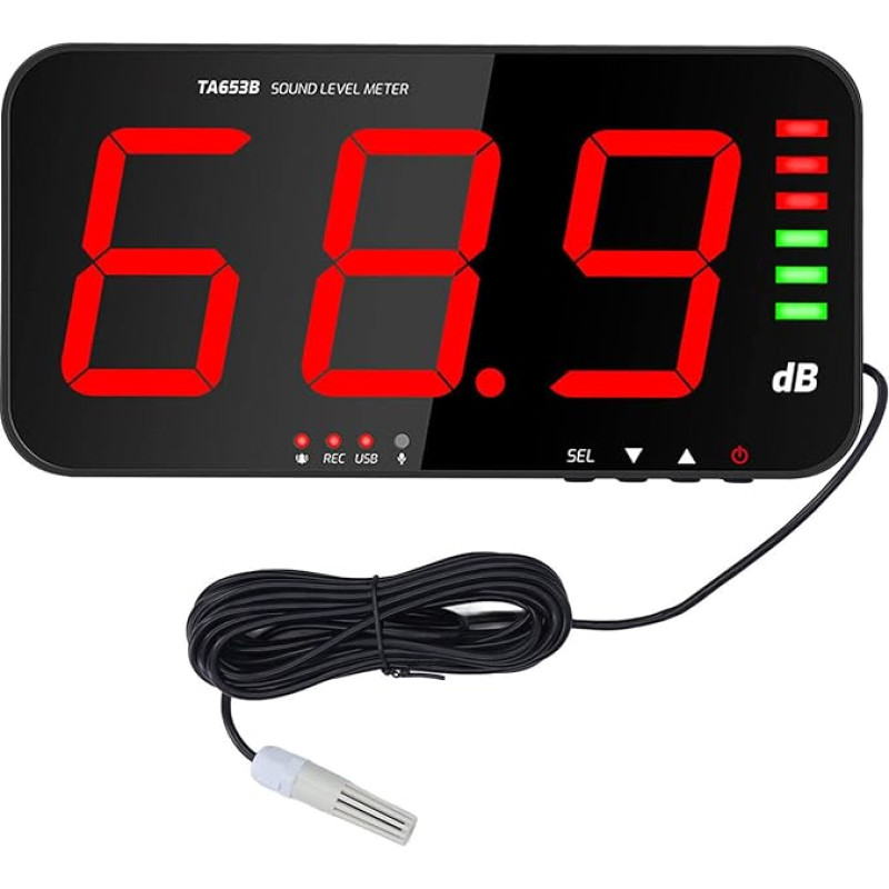 30 dB ~ 130 dB matuoklis DC5V 1A mikro USB decibelų matuoklis, TA654B 13 colių ekrano dB ekranas LED garso lygio matuoklis Sieninis pakabinamas skaitmeninis garso lygio matuoklis su aplinkos triukšmo signalu
