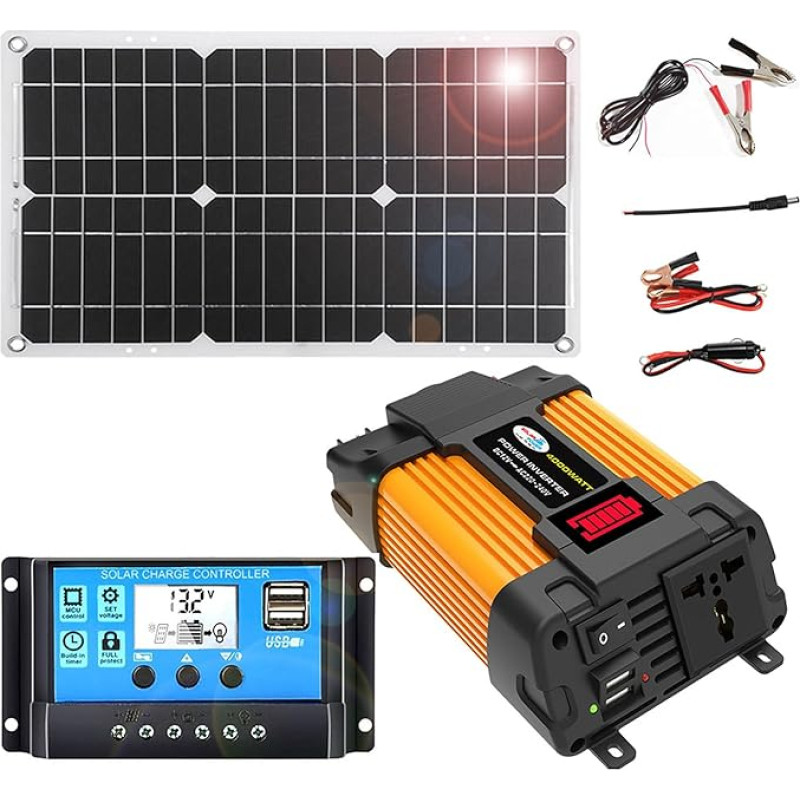 4000 W saulės kolektoriaus rinkinys su 18 W monokristaline plokšte ir 30 A valdikliu - dvigubi prievadai ir LED lemputės, skirtos aukštai ir žemai(110 V)