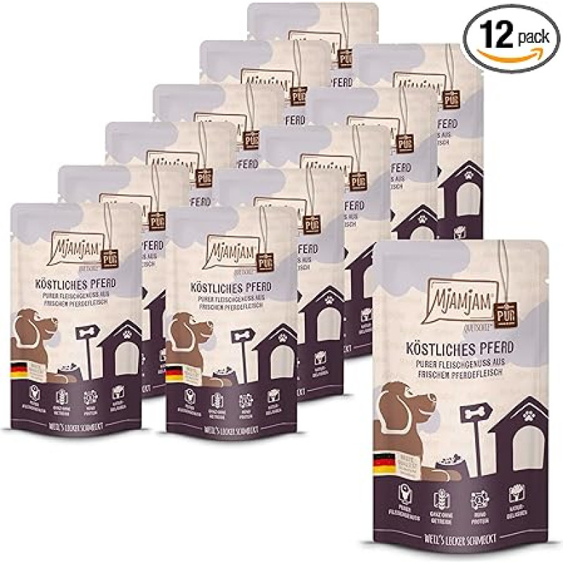 MjAMjAM - Aukščiausios kokybės drėgnas maistas šunims - Quetschie - Pure Meat Enjoyment - skanus grynas žirgų maistas, 12 vnt. (12 x 125 g), be grūdų, su papildoma mėsa