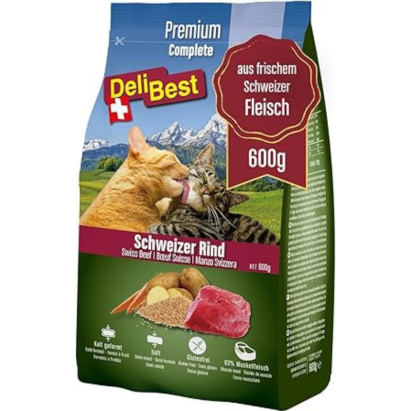 DeliBest Adult Sensitive Complete Cat Beef I Pusiau drėgnas kačių ėdalas suaugusioms katėms I Pagamintas iš 100% šveicariškos jautienos I Be grūdų ir kitų priedų I Šaltai spaustas kačių ėdalas I 600 g