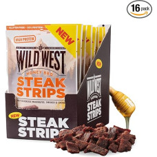Wild West Steak Strips, 16 x 25 g Honey BBQ Beef, Beef Jerky High Protein Dried Meat, Protein Snack