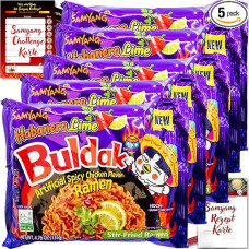 asiafoodland Samyang Buldak Ramen rinkinys - Habanero Lime - aštrūs makaronai su Habanero ir laimu iš Pietų Korėjos - su iššūkiu ir recepto kortele (5 x 140 g)
