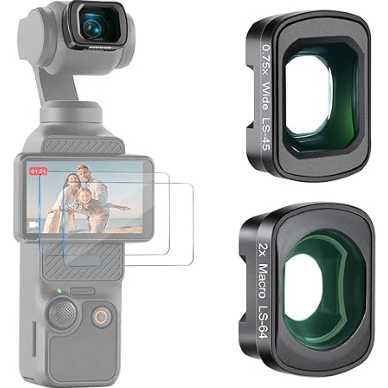 NEEWER 0,75X plačiakampio ir 2X makroobjektyvų rinkinys, suderinamas su DJI Osmo Pocket 3 Creator Combo priedais, 108° regėjimo laukas, 3 objektyvai 3 grupėse, makroobjektyvų rinkinys su dviem ekrano apsaugomis, FL-B34