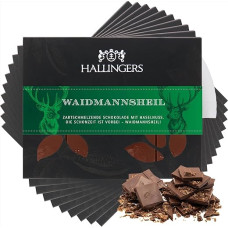 Hallingers 10 x Waidmannsheil - Full Milk Fine Chocolate with Hazelnut Nougat - Handmade, Alcohol-Free - for Hunters (Box) - Gift in Summer & as a Perfect Barbecue Gift | Birthday Congratulations Year