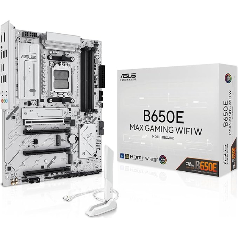 ASUS B650E MAX Gaming WiFi W Pagrindinė plokštė Socket AMD AM5 (Ryzen 9000, DDR5 atmintis, PCIe 5.0, 3X M.2, WiFi 6E, BIOS Flashback, Aura Sync, CEC Tier II)