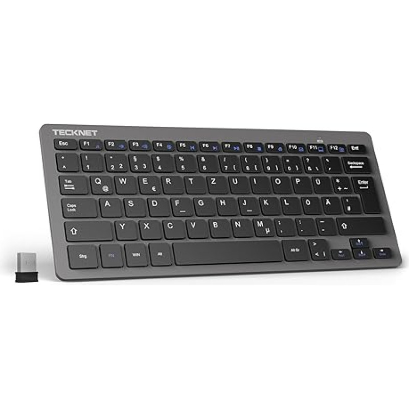 TECKNET plona belaidė klaviatūra, vokiškas QWERTZ išdėstymas, 2,4 GHz, 78 klavišai, mini belaidė klaviatūra su 