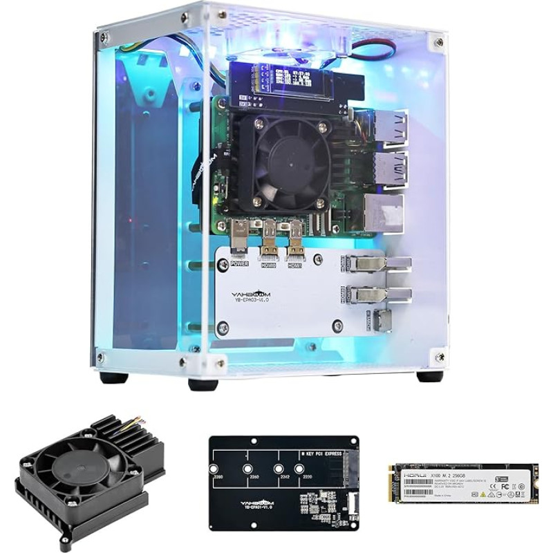 Yahboom Raspberry Pi 5 M.2 SSD PCIe mini kompiuterio korpusas Pi 5 su bokšto radiatoriumi, RGB ventiliatoriumi, OLED ekranu, su M.2 adapteriu, 256 GB NVME SSD