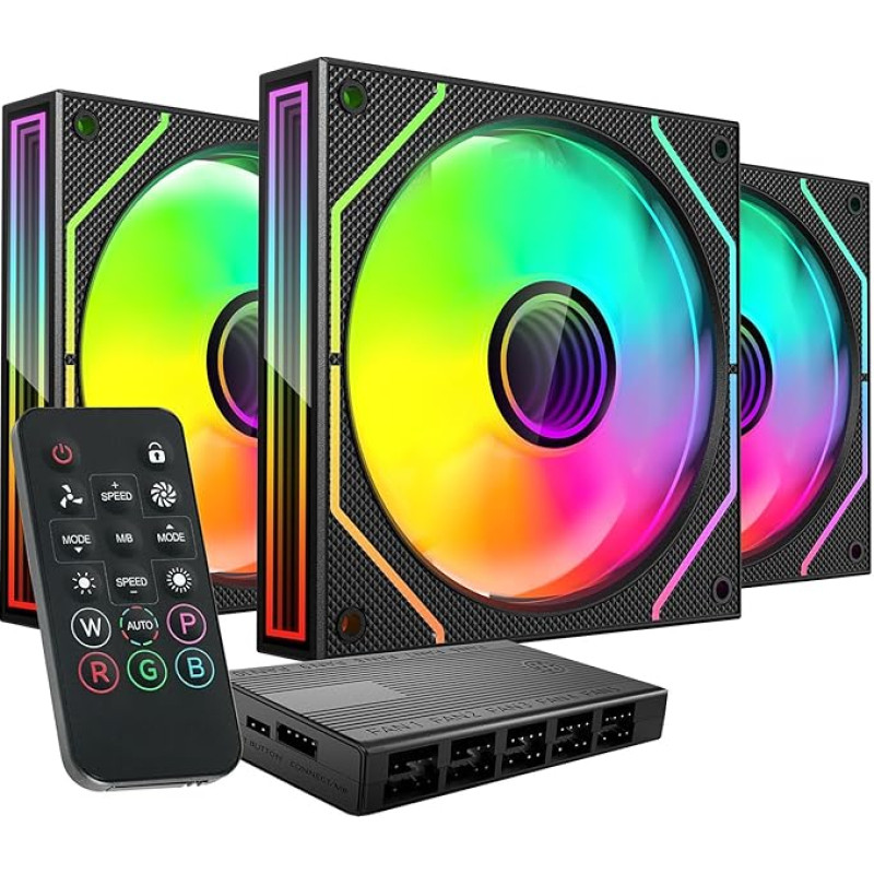 MARS GAMING MF-3DPROKIT, 3x PWM 120 mm ventiliatorius, ARGB Infinity Mirror 3D apšvietimas, PWM valdymo sistema, FDB guolis, nuotolinio valdymo pultas ir šakotuvas, visiškai suderinamas su ARGB, juodas