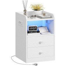 IRONCK Naktinis staliukas su kištukiniu lizdu ir šviesos diodu, šoninis staliukas su 1 USB ir 1 C tipo prievadu, naktinė spintelė, 2 stalčiai ir atviri skyriai, sofos staliukas svetainei, miegamajam, kabinetui (baltas, 1 vnt.)