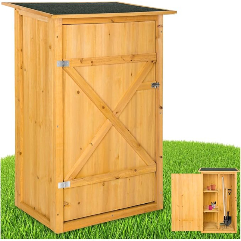 tectake® Medinė sodo spintelė, lauko spintelė, atspari oro sąlygoms, 75 x 56 x 118 cm, įrankių spintelė su 2 lentynomis, terasos spintelė, balkono spintelė, įrankių namelis, sodo baldai