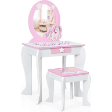 FANTASK Children's Dressing Table with Drawer and Removable Mirror, Princess Dressing Table with Stool, Pink and White Dressing Table for Girls 3-7 Years