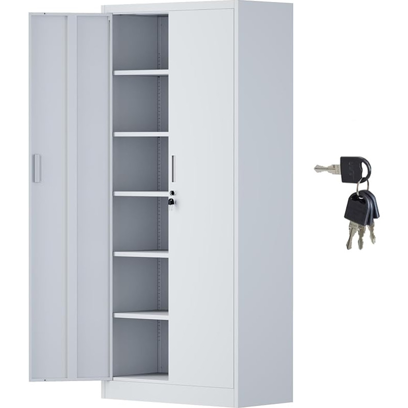 iJINGUR Metalinė spinta su rakinamomis durimis ir 5 reguliuojamomis lentynomis, rakinama plieninė spinta namams, biurui, garažui, virtuvei, sandėliukui (balta)