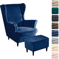 Alishomtll 3 dalių sparno kėdės dangtelis su Osmanų apsauginiu dangteliu Stretch Velvet Armchair Throws Elastingas paprastas fotelio dangtelis Strandmon Tiger kėdės dangtelis su porankiu Aukštas atlošas (Navy Blue)