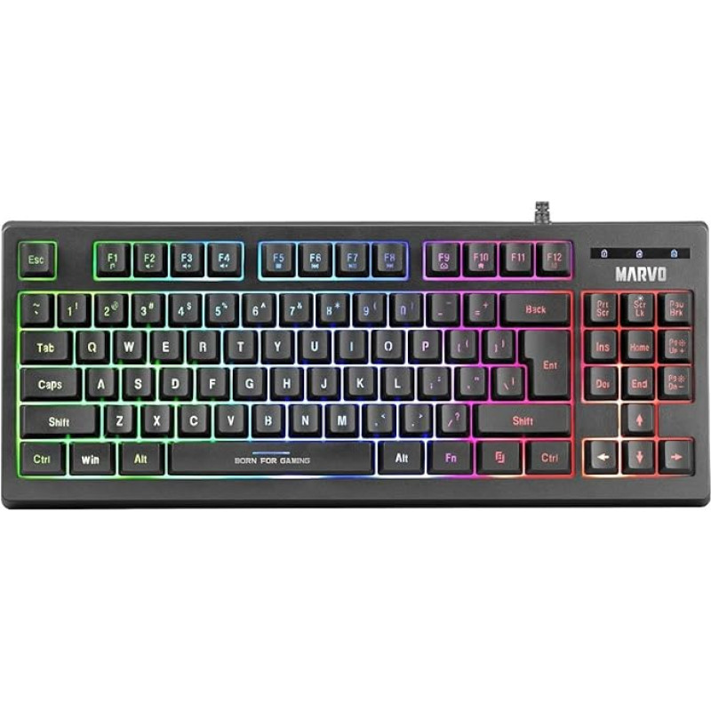 MARVO K607 kompaktiška žaidimų klaviatūra - TKL formatas, 3 spalvų LED apšvietimas su reguliuojamu ryškumu, 
