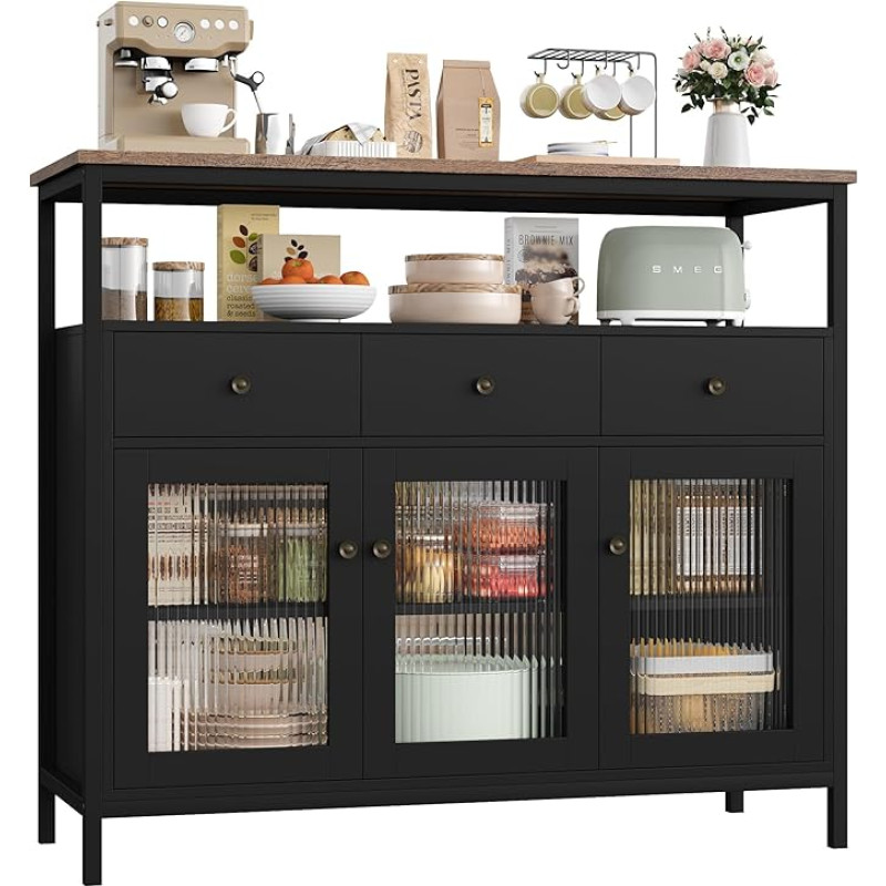 FirFurd Sideboard Virtuvės spintelė su stalviršiu ir 3 stalčiais ir 3 stiklinėmis durelėmis, bufeto spintelė Komoda Kavos baras Daugiafunkcinė spintelė Sideboard Svetainės virtuvė Valgomasis 108 x 38 x 38 x