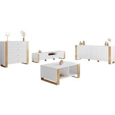 Mirjan24 Loutio I svetainės kambario komplektas, svetainės spintelė su aukso detalėmis, sieninė spintelė, 2 x komoda, televizoriaus staliukas, kavos staliukas (balta)