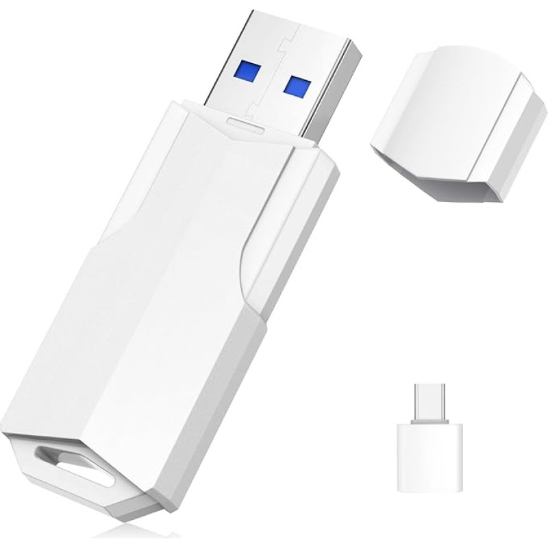 Wooolken USB atmintinė 256 GB 3.0, Wooolken didelės spartos USB 3.0 atmintinė 64 GB su USB-C adapteriu, dangteliu ir dirželiu, LED ekranu (256 GB, balta)