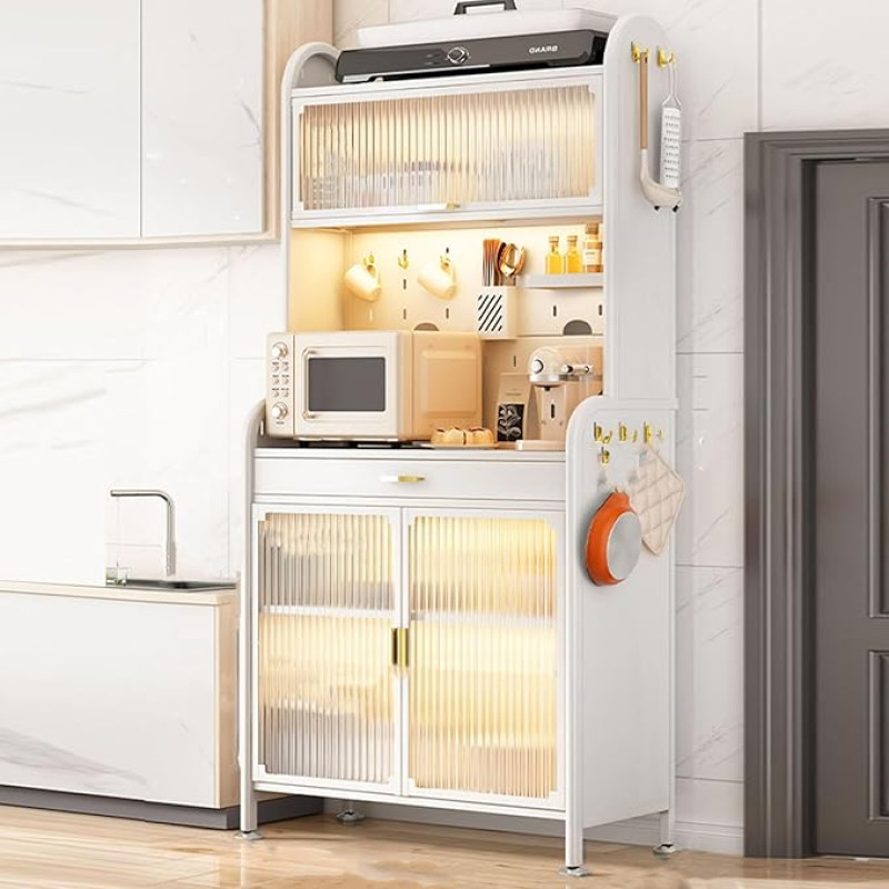 Virtuvės spintelė, virtuvės lentynos su laikymo vieta, 5 pakopų virtuvės laikymo stovas, spintelės su permatomomis durelėmis ir reguliuojamomis lentynomis, skirtos virtuvei / prieškambariui (spalva : Wit, dydis: