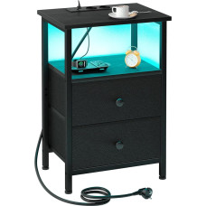 AMHANCIBLE Bedside Table with LED Lights, Side Table with Charging Station, 3-Tier Sofa Table with 2 Fabric Drawers, Wooden Bedside Cabinet with Open Shelf for Bedroom, Living Room, EHETS02BK-1
