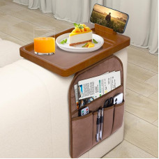 Sofos porankis su nuimama kišenėle, 360° telefono laikiklis, sulankstomas kavos staliukas gėrimams, užkandžiams ir prietaisams, rudos spalvos