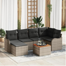 Rantry 7-teiliges Garten-Sofa-Set mit Kissen Grau Poly Rattan Akazie, 2-Sitzer Garten-Sofa mit Stauraum & Kissen Grau Poly Rattan Gartenlounge Model3356144