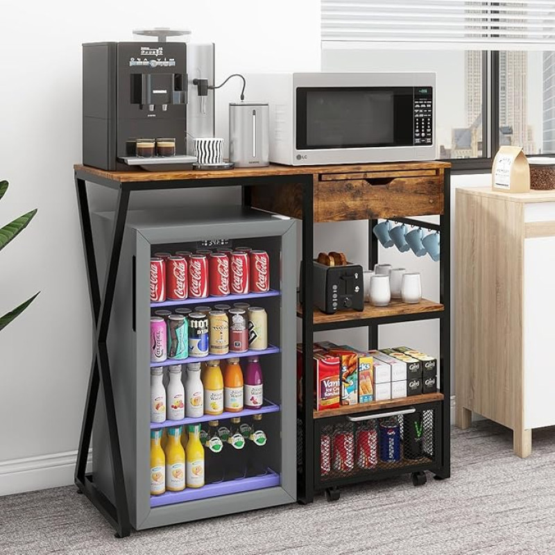 PUNCIA Kelių lygių šaldytuvo stovas, šaldytuvo laikiklis su stalčiumi, ištraukiamas laikymo krepšys ant ratukų, pagrindas šaldytuvui, virtuvei, šaldikliui, biurui, retro