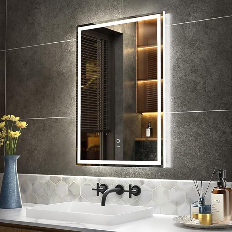 KWW 50 x 70 cm LED Bathroom Vanity Mirror, Anti-Fog Dimmable Lights, Horizontal/Vertical Wall Mounted Makeup Mirror with Smart Touch Button