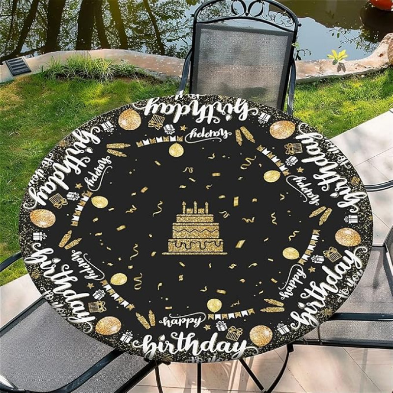 Lauko apvali staltiesė su elastine juosta, skersmuo 36 coliai - 90 cm, elastinga sodo staltiesė su gimtadienio šventės raštu, tinka 75 cm - 85 cm