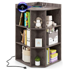GOPLUS 3 pakopų kampinė knygų spinta su 9 skyriais, kampinė lentyna su įkrovimo stotele, lentyna su kabelių valdymo skyle, knygų spinta svetainei, biurui ir vaikų kambariui (pilka)