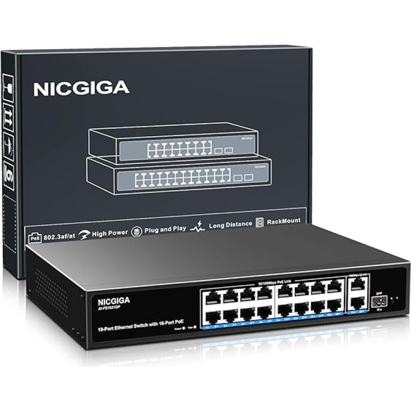 16 prievadų PoE komutatorius, nevaldomas, 16 prievadų PoE+@250W, 2 Gigabit Uplink prievadai, 1 SFP prievadas, NICGIGA 19 prievadų tinklo maitinimo per Ethernet komutatorius, VLAN režimas, AI Watchdog 19 colių RackMount, Plug and Play.