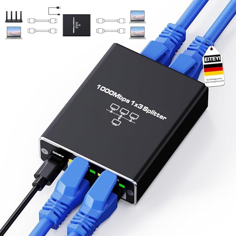 Ethernet jungiklis nuo 1 iki 3 RJ45 Splitter 1000Mbps Ethernet jungiklis RJ45 Splitter Tinklo LAN Splitteris RJ45 Splitteris, skirtas kompiuterio maršrutizatoriui ADSL dekoderis