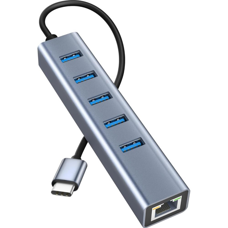 USB-Eterneto adapteris 6 in 1, mini aliuminio USB C koncentratorius 5Gb/s duomenų koncentratorius su RJ45 1000M tinklo adapteriu + 5 USB 3.0 prievadai, skirti 