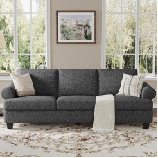 COPIAE 231 cm ilgio sofa-lova, lininis audinys, gilios sėdynės sofa su Lawson porankiais, moderni 3 vietų sofa su paminkštintomis pagalvėlėmis ir atlošais, patogi vidurio amžiaus stiliaus sofa svetainei, namams