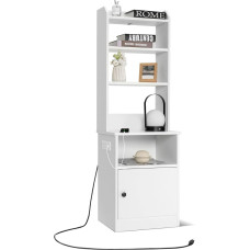 KOMFOTTEU šoninis staliukas su įkrovimo funkcija, universali spintelė su lizdais ir USB jungtimis, baltos spalvos knygų spintelė su 5 lentynomis ir medinėmis durelėmis, dokumentų pildymo lentyna, stovinti lentyna, 45 x 36 x 140,5 cm