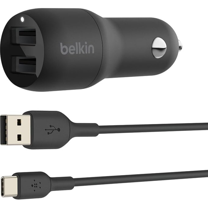 Belkin Boost Charge 24W Dual Port USB Car Charger with USB A/USB-C Cable for iPad Pro, Pixel, Nintendo Switch and other Samsung Devices