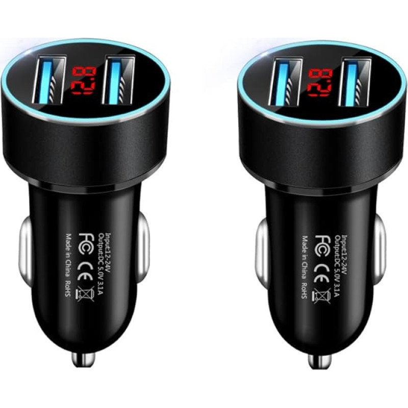 Olakey JMG-HS Car USB Charger with Voltmeter Display, 3.1 A 12 V / 24 V Dual USB Car Adaptor Charger, 2-Port USB Car Charger Adapter (Black), Pack of 2