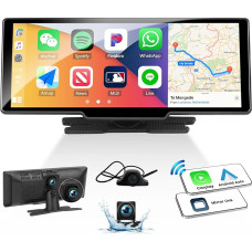 Carplay Portable Car Radio Wireless Android Car 10.26 Inch Touch Screen with Front Camera and Front Camera 2.5K with Navigation Bluetooth Mirror Link FM/AUX/Type-C + Rear View Camera 1080p