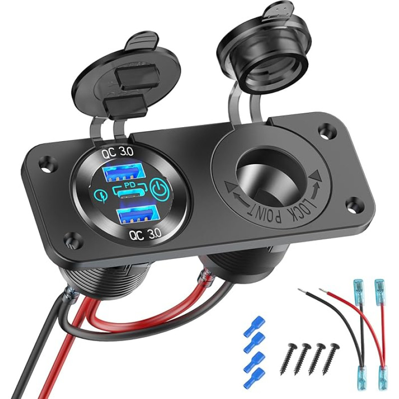 12 V USB Socket Marine Switch Panel 12 Volt Plug, PD3.0 & Dual Quick Charge 3.0 USB Ports Aluminium Car Charger, Waterproof 150 W Cigarette Lighter USB C Installation Socket 2 in 1 DIY Kit for Car