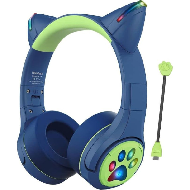 Riwbox Children's Bluetooth Headphones Over Ear, CF9 Children's Headphones with LED Light, Boom Mic & Built-in Mic for Calls, 85 dB Volume Limit, Wireless Headphones for School