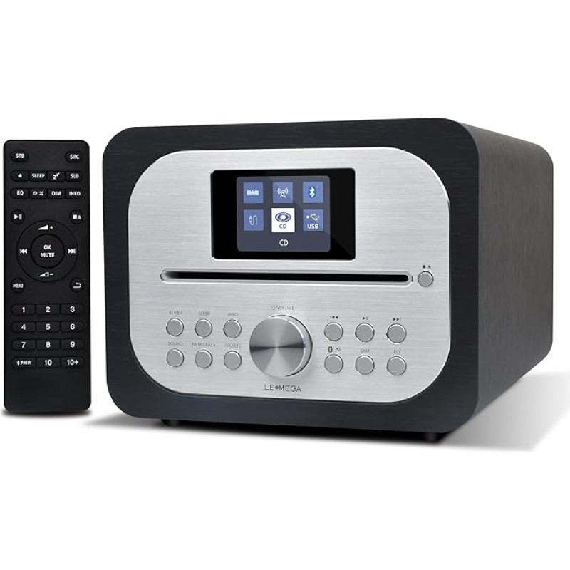 LEMEGA MSY2 All-in-One Music System with CD Player, DAB/DAB+/FM Radio, Wireless Bluetooth, Wooden Box, Headphone Output, USB Charging Cable, USB MP3, Clock & Alarms, Colour Display, Remote Control -