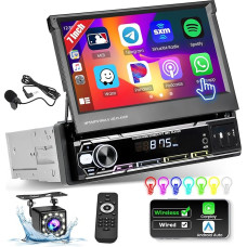 Hikity Car Radio 1Din Wireless Carplay with Extendible Screen 7 Inch Car Radio 1Din with Android Car Bluetooth Hands-Free Kit FM AUX TF USB SWC Mirror Link Reversing Camera