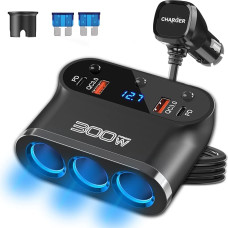 Dual PD 30 W Car Cigarette Lighter Splitter 300 W: Car Adapter 12 V USB C Charger 3 Multiple Socket 12 Volt DC Plug Splitter with Switch LED Voltmeter for iPhone Seat Heating GPS Camera Sat Nav