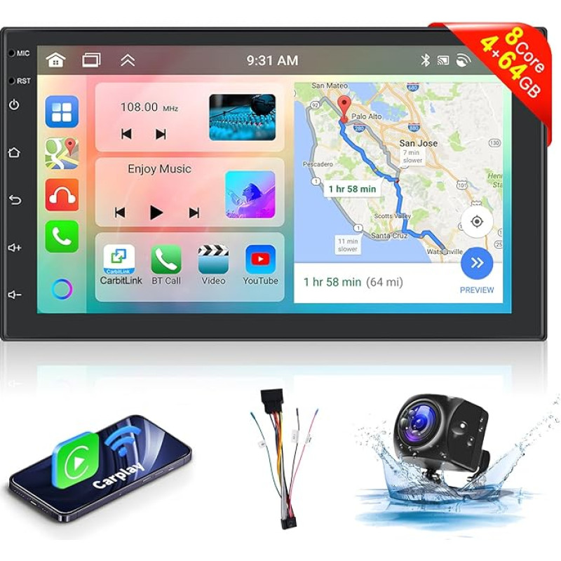 8 Core 4 + 64G: Hodozzy Carplay Android Car Radio 2 DIN with Navigation 7 Inch IPS Screen, Auroradio Bluetooth with Android Car/DSP/WiFi/RDS/FM/USB + Reversing Camera